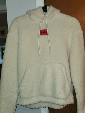 HUGO Cream Sherpa Crewneck Hoodie with Red Logo Patch
